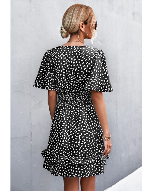 Spring summer 2023 hot sale sexy V-neck ruffled sleeve waist pulling print dress