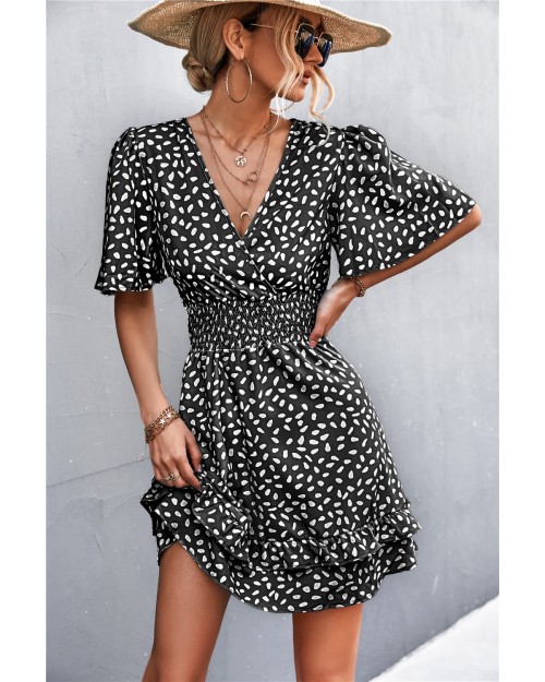 Spring summer 2023 hot sale sexy V-neck ruffled sleeve waist pulling print dress